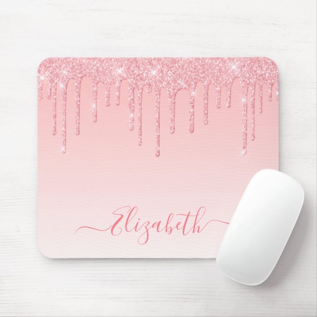 Modern Trendy Pink Blush Glitter Stylish Script Mouse Mat (With Mouse)