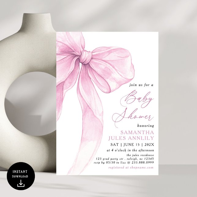 Modern Trendy Pink Bow Baby Shower Invitation (Creator Uploaded)