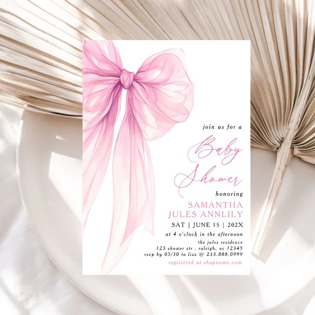 Modern Trendy Pink Bow Baby Shower Invitation (Creator Uploaded)
