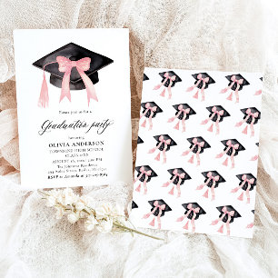 Modern Trendy Pink Bow Graduation Cap Graduation Invitation