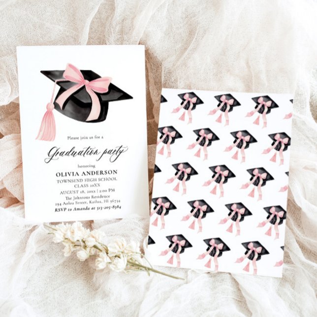 Modern Trendy Pink Bow Graduation Cap Graduation Invitation (Watercolor Modern Elegant Trendy Stylish Pink Bow Graduation Invitation)