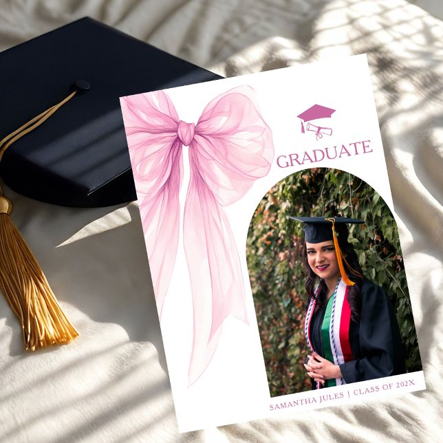 Modern Trendy Pink Bow Graduation Photo Announcement (Creator Uploaded)