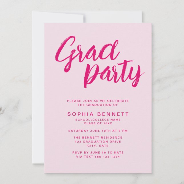 Modern Trendy Pink Brush Script Graduation Party Invitation (Front)