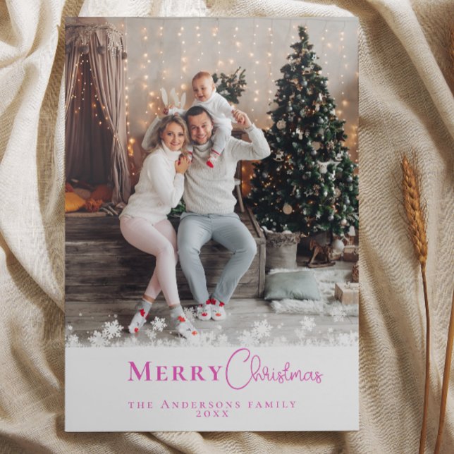 Modern Trendy Pink Christmas Photo Snowflakes  Holiday Card (Modern Trendy Pink Christmas Photo Snowflakes Holiday Card)