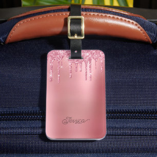 Modern Trendy Pink Dripping Glitter Luggage Tag