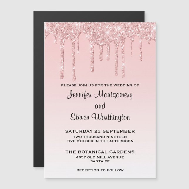 Modern Trendy Pink Faux Glitter Wedding Magnetic Invitation (Front/Back)