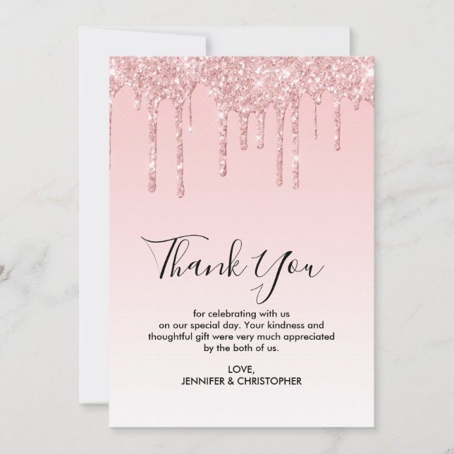 Modern Trendy Pink Faux Glitter Wedding Thank You Card (Front)
