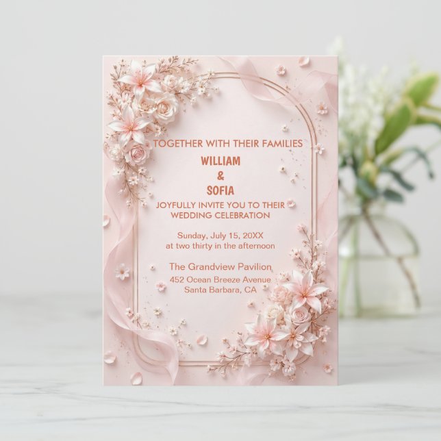 Modern Trendy Pink Floral Wedding Invitation (Standing Front)