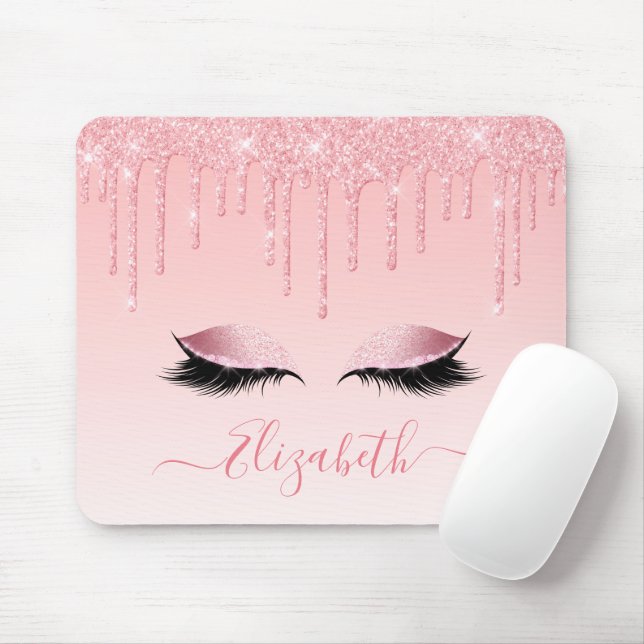 Modern Trendy Pink Glitter Lashes Stylish Script Mouse Mat (With Mouse)