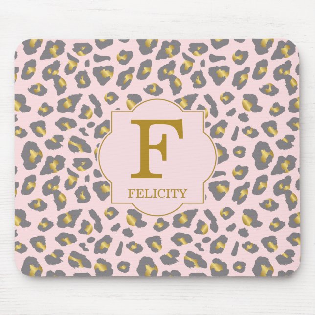 Modern Trendy Pink Gold Leopard Pattern Monogram Mouse Mat (Front)