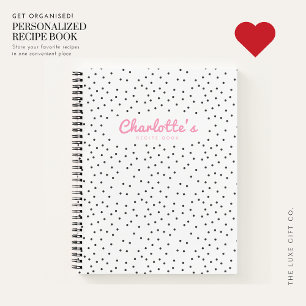 Modern Trendy Pink Polka Dot Name Blank Recipe Notebook