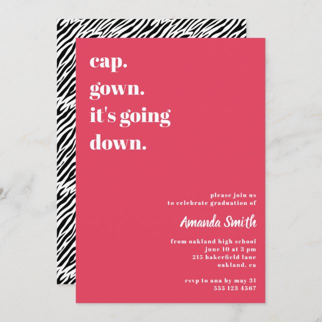 Modern Trendy Pink Zebra Graduation Party Photo Invitation (Front/Back)