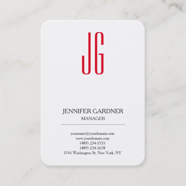 Modern trendy plain white red monogram business card (Front)