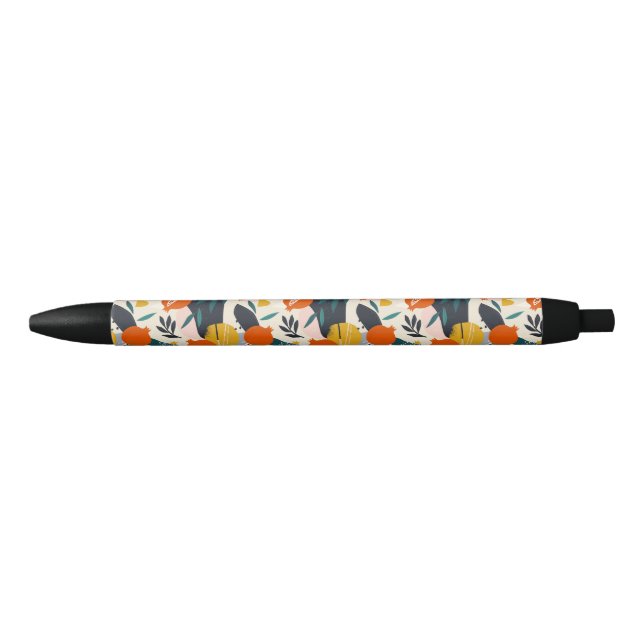 Modern Trendy Preppy Chic Apricot and Leaves Black Ink Pen (Front)