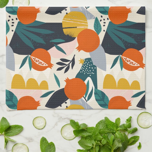 Modern Trendy Preppy Chic Apricot and Leaves Tea Towel (Folded)