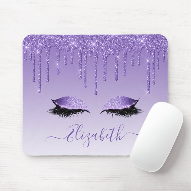 Modern Trendy Purple Glitter Lashes Stylish Script Mouse Mat (With Mouse)