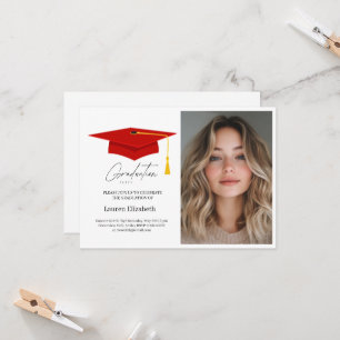 Modern Trendy Red Graduation Cap and Tassel  Invitation