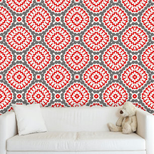 Modern Trendy Red White Grey Moroccan Motifs Wallpaper
