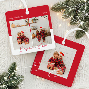 Modern Trendy Red & White Name Monogram 3 Photo Metal Tree Decoration