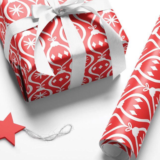Modern Trendy Retro Red Holiday Ornament Pattern Wrapping Paper (Creator Uploaded)