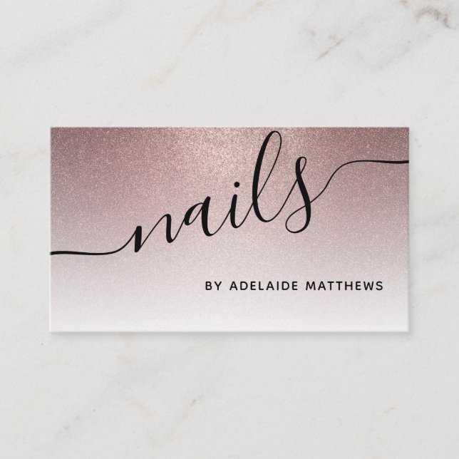 Modern Trendy Rose Gold Glitter Nails Salon Business Card (Front)