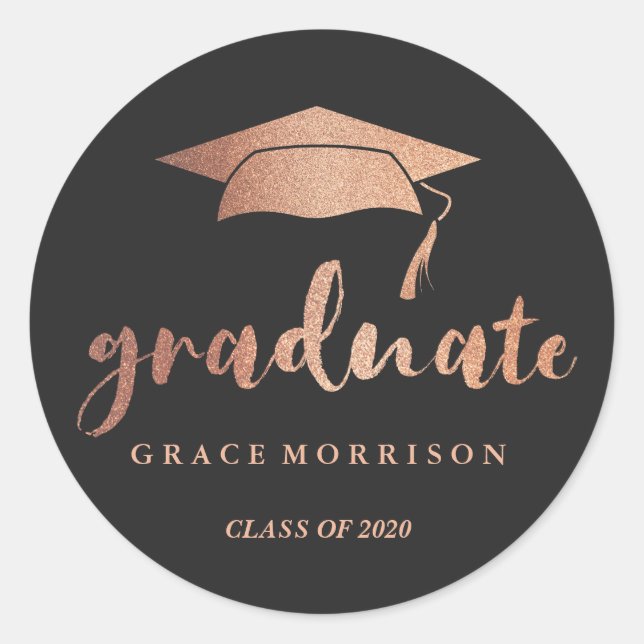 Modern & Trendy Rose Gold Personalised Graduation Classic Round Sticker (Front)