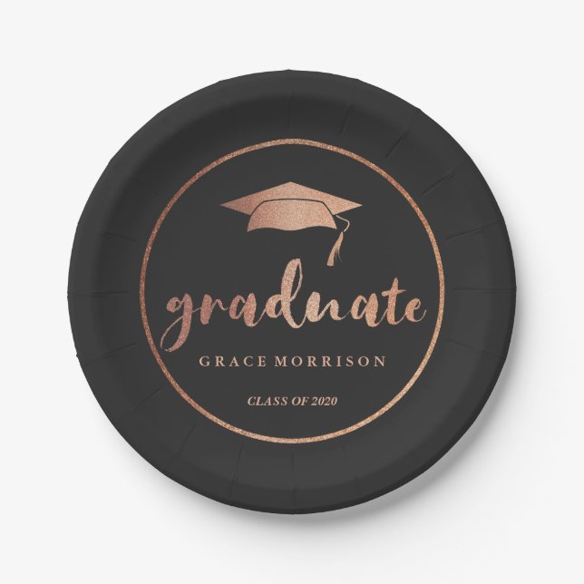 Modern & Trendy Rose Gold Personalised Graduation Paper Plate (Front)