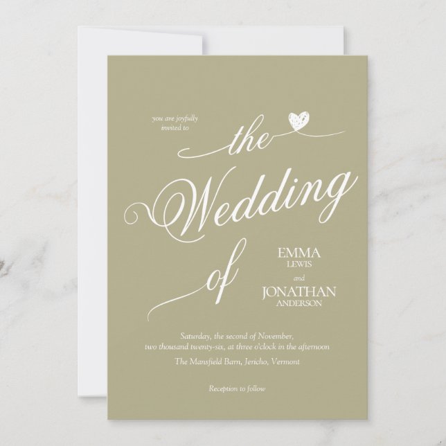 Modern Trendy Sage green Heart Wedding Invitation (Front)