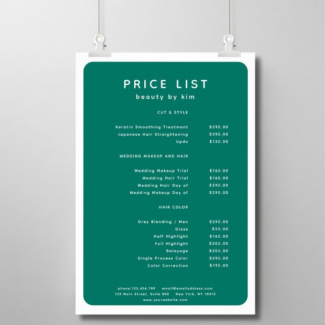 Modern, Trendy, Salon Price List Poster (Modern, simple, salon price list, forest-green - white. Prints & instant downloads.)