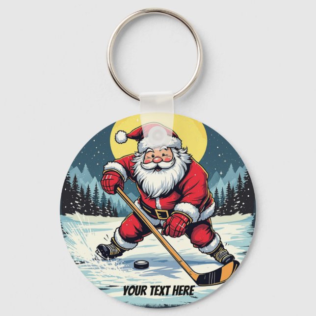 Modern Trendy Santa Playing Ice Hockey Custom  Key Ring (Front)