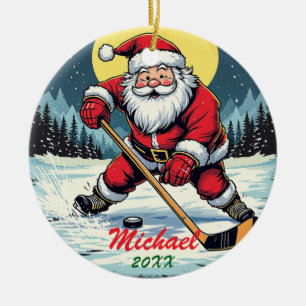 Modern Trendy Santa Playing Ice Hockey Custom Name Ceramic Tree Decoration