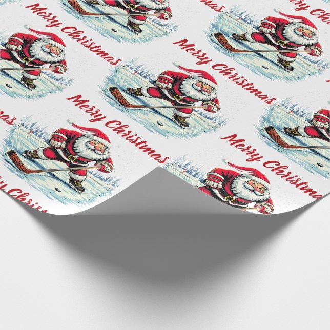 Modern Trendy Santa Playing Ice  Hockey      Wrapping Paper (Corner)