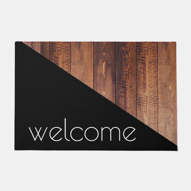 Modern Trendy Scandi Style Wood & Black Welcome Doormat (Front)