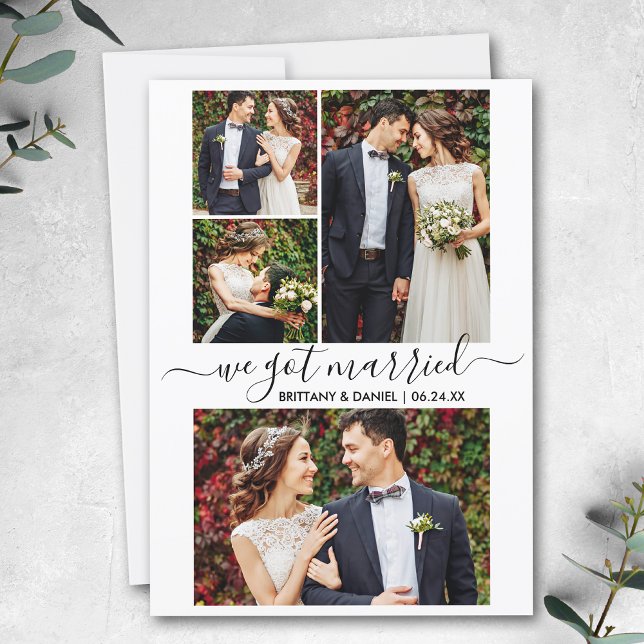 Modern Trendy Script 4 Photo We Got Married  Announcement (Customize to add text or more photos to back of card.)