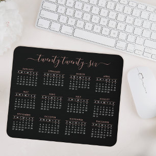 Modern Trendy Script Black Rose Gold 2026 Calendar Mouse Mat