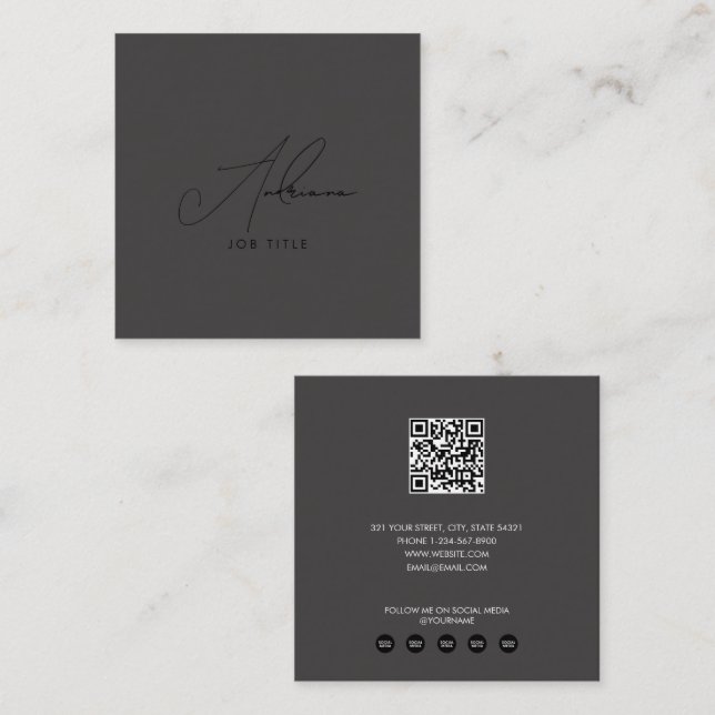 Modern Trendy Script Black Social Media QR Code Square Business Card (Front/Back)