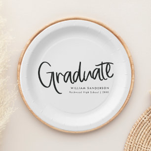 Modern Trendy Script Black & White Graduation Paper Plate