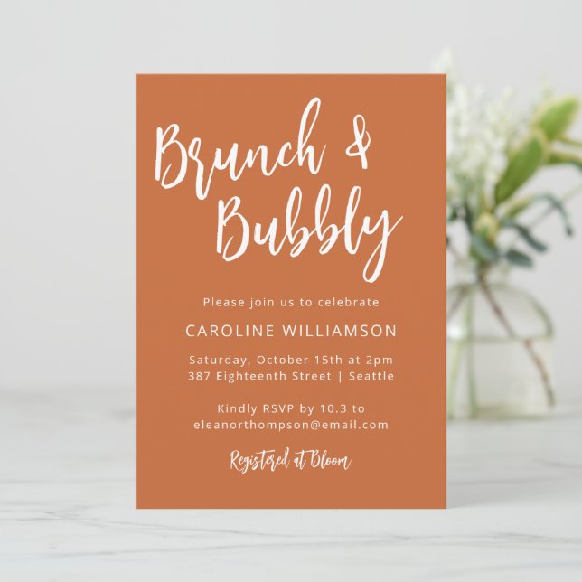 Modern Trendy Script Brunch Bubbly Shower Orange Invitation (Standing Front)