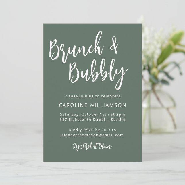 Modern Trendy Script Brunch Bubbly Shower Sage Invitation (Standing Front)