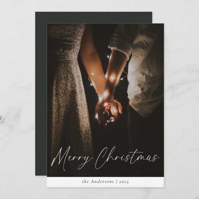 Modern Trendy Script Dark Green Merry Christmas Holiday Card (Front/Back)