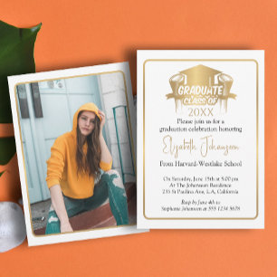 Modern Trendy Script gold Photo Graduation Invitation