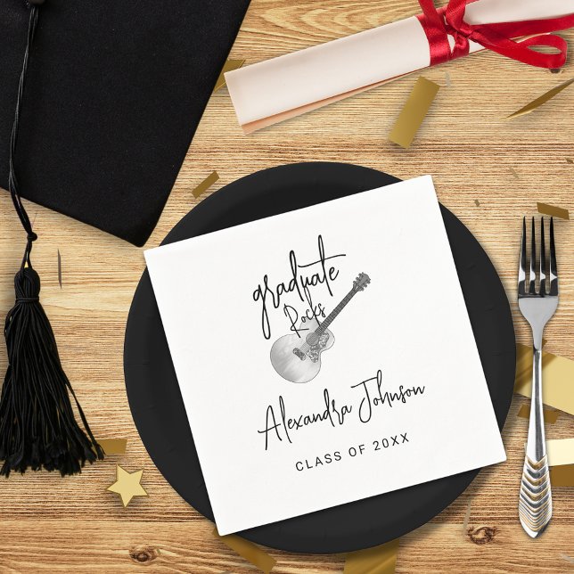 Modern Trendy Script Guitar Graduation Party Napkin (Modern trendy black and white rustic country guitar music themed graduation party custom napkin)