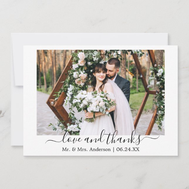 Modern Trendy Script Love Thanks Wedding Photo Thank You Card (Front)