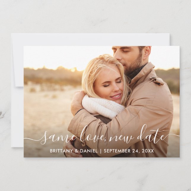 Modern Trendy Script Same Love New Date Photo Card (Front)
