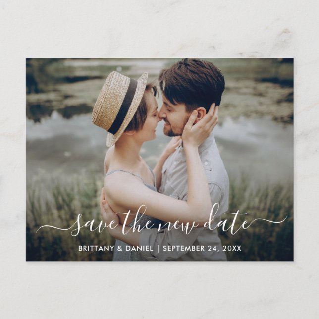 Modern Trendy Script Save The New Date Photo Postcard (Front)