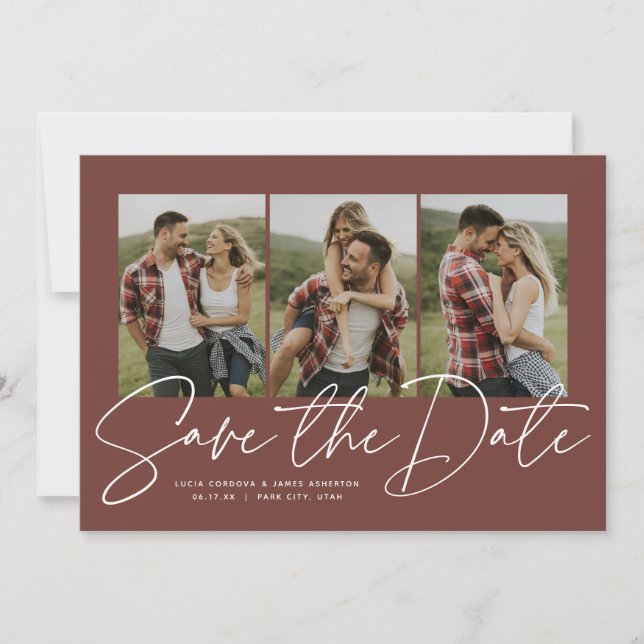 Modern trendy script three photo terracotta save the date (Front)