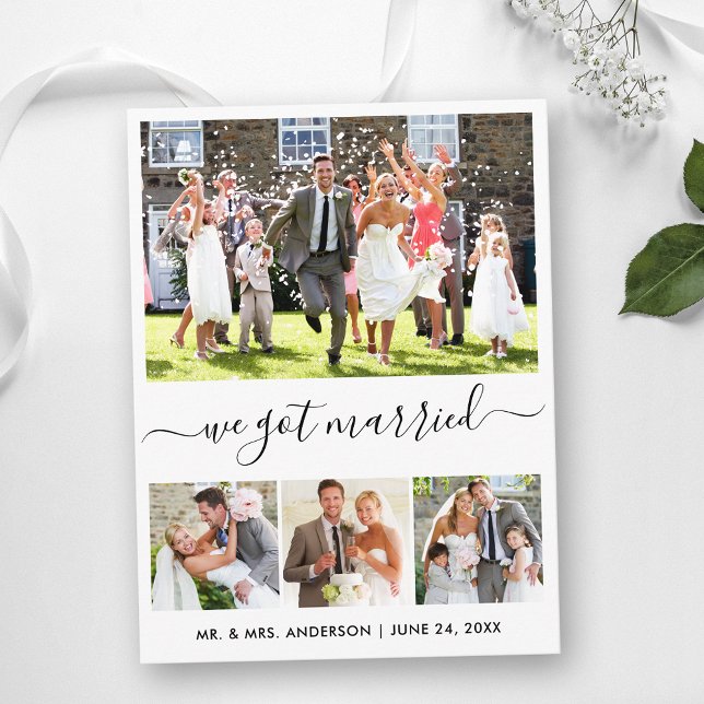 Modern Trendy Script We Got Married 4 Photo Postcard (Customize to add text to back of card.)