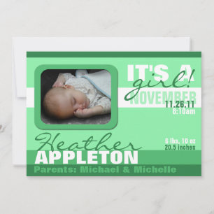 Modern Trendy Sea Green Stripe Birth Announcements