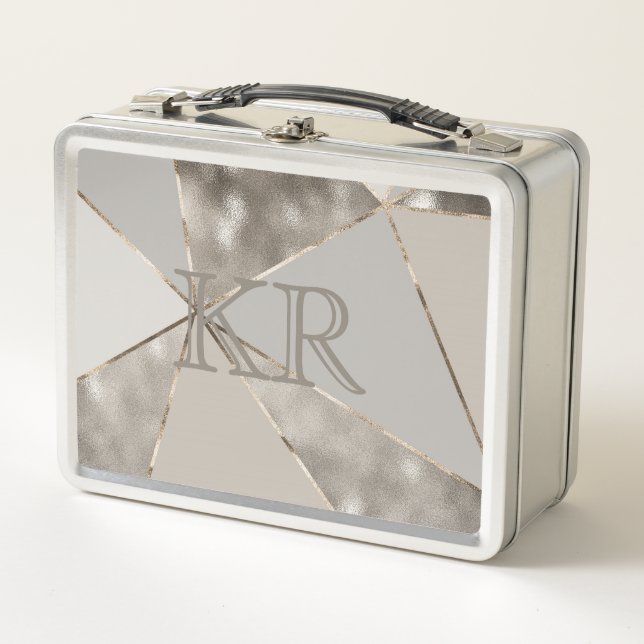 Modern Trendy Silver Gold Abstract Design Initials Metal Lunch Box (Front)