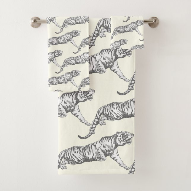 Modern Trendy Silver Grey White Tiger on Ivory Bath Towel Set (Insitu)
